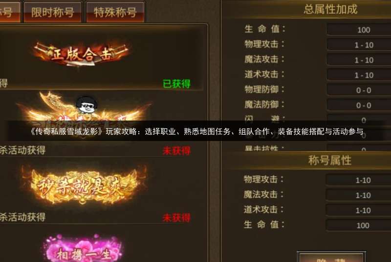 《传奇私服雪域龙影》玩家攻略：选择职业、熟悉地图任务、组队合作、装备技能搭配与活动参与